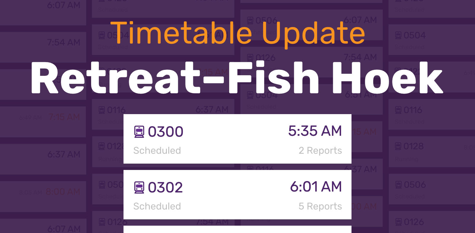 Timetable Update Southern Line Retreat to Fish Hoek Trains September